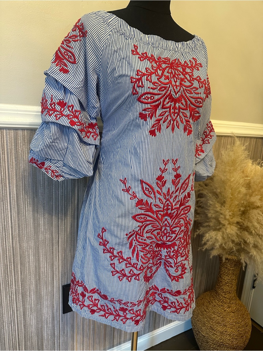 INC International Concepts Striped Embroidered Off Shoulder Dress Small Blue Red - Picture 2 of 11